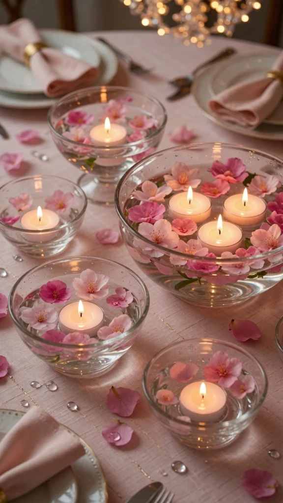 13 Stunning Summer Table Centerpieces to Brighten Your Gatherings 10 Floating candles and pink flower petals in glass bowls on dinner table