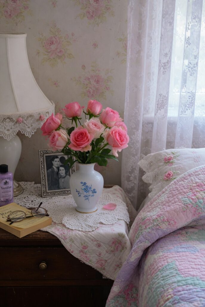 13 Vintage Grandma Bedroom Decor Ideas for a Warm & Nostalgic Home 10 Fresh pink roses in porcelain vase