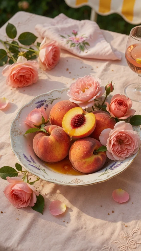 13 Stunning Summer Table Centerpieces to Brighten Your Gatherings 11 Juicy peaches and pink roses in elegant bowl on summer table