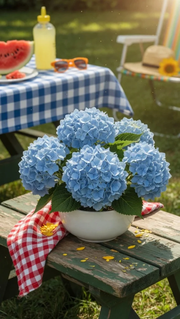 13 Stunning Summer Table Centerpieces to Brighten Your Gatherings 8 Large soft blue hydrangea flowers in low white bowl centerpiece
