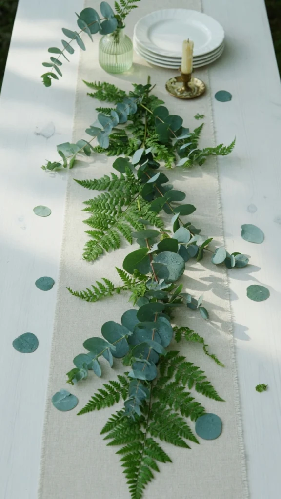 13 Stunning Summer Table Centerpieces to Brighten Your Gatherings 12 Long green eucalyptus and fern table runner centerpiece