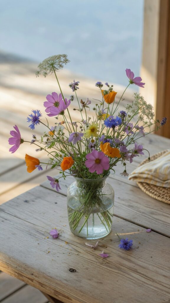 13 Stunning Summer Table Centerpieces to Brighten Your Gatherings 2 Loose wildflower arrangement in clear glass vase