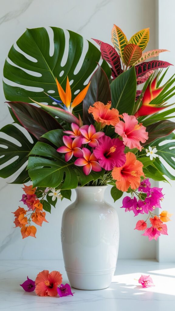13 Stunning Summer Table Centerpieces to Brighten Your Gatherings 5 Lush tropical leaves and colorful flowers