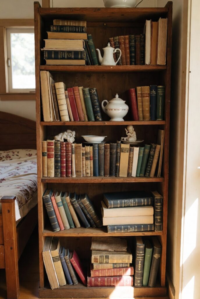 13 Vintage Grandma Bedroom Decor Ideas for a Warm & Nostalgic Home 11 Small wooden bookshelf filled with vintage books