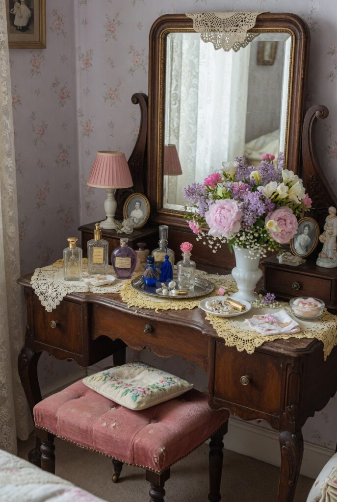 13 Vintage Grandma Bedroom Decor Ideas for a Warm & Nostalgic Home 8 Vintage wooden vanity table with large mirror