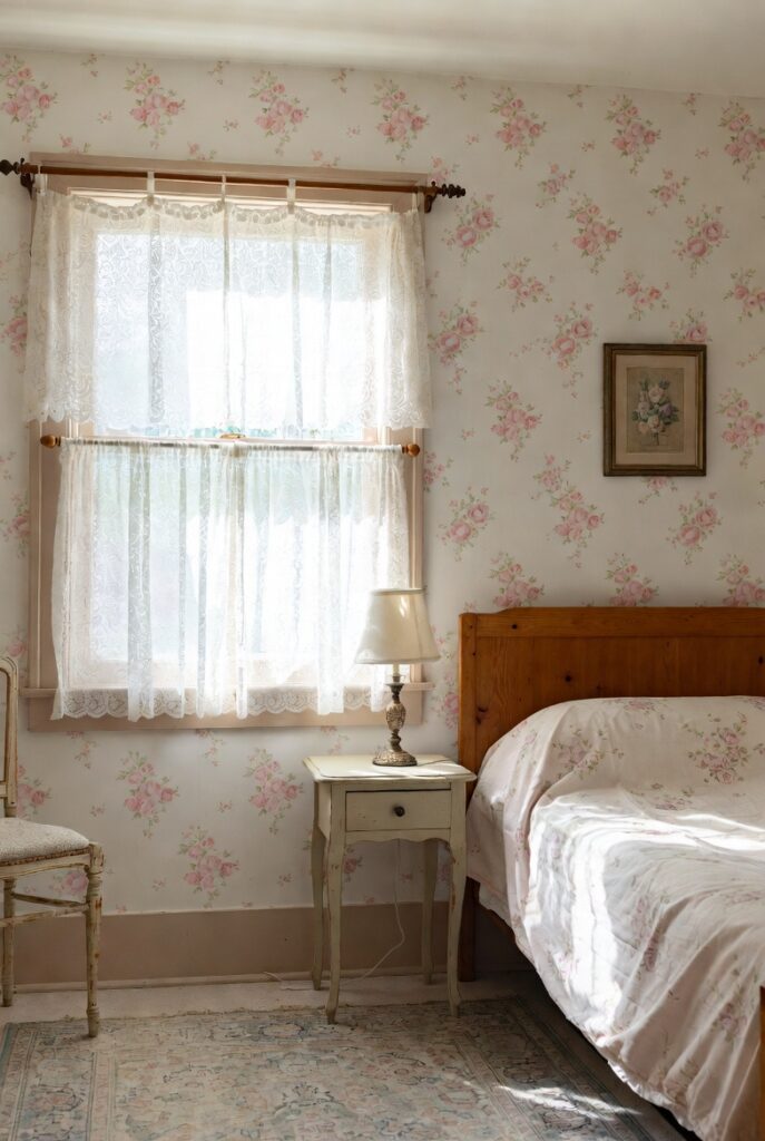 13 Vintage Grandma Bedroom Decor Ideas for a Warm & Nostalgic Home 3 bedroom featuring delicate pink rose floral wallpaper