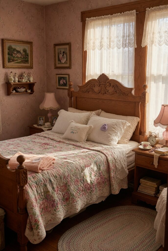 13 Vintage Grandma Bedroom Decor Ideas for a Warm & Nostalgic Home 2 bedroom with a tall carved wooden bed frame