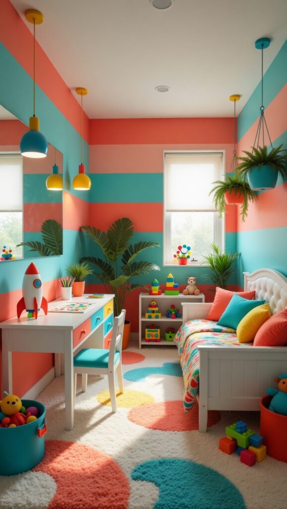 17 Room Color Schemes to Transform Your Home in 2026 16 colorful kids bedroom with coral and turquoise walls