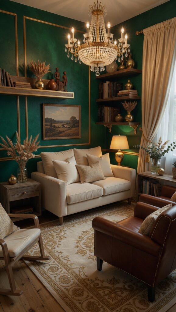 17 Room Color Schemes to Transform Your Home in 2026 13 living room with rich emerald green walls