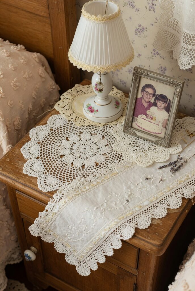 13 Vintage Grandma Bedroom Decor Ideas for a Warm & Nostalgic Home 5 white crocheted doilies and lace table runner
